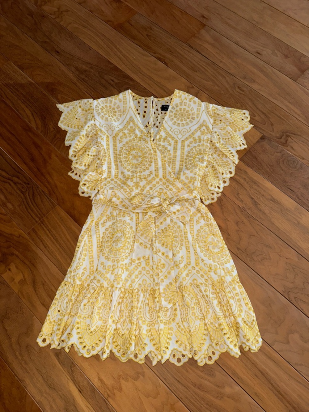 MINKPINK White and Yellow Eyelet Lace Mini Dress